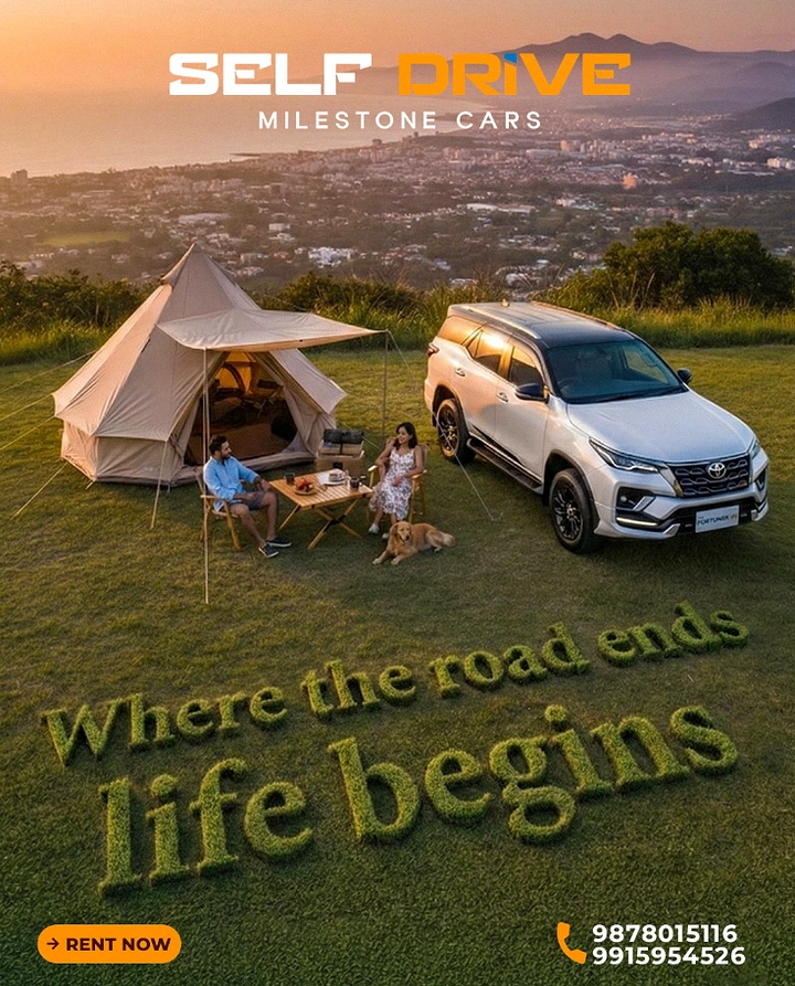 Car Rental creative ad: Grass-grown headline, camping self-drive