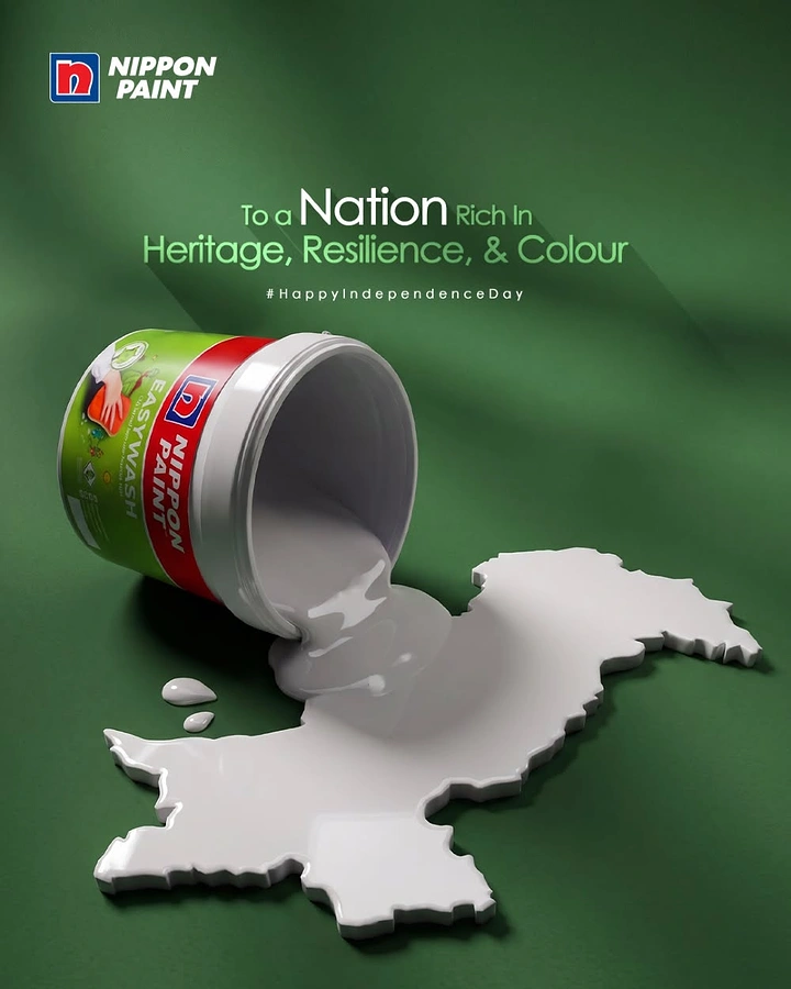 Independence Day creative ad: Tipped paint bucket spilling white paint into the shape of a country map