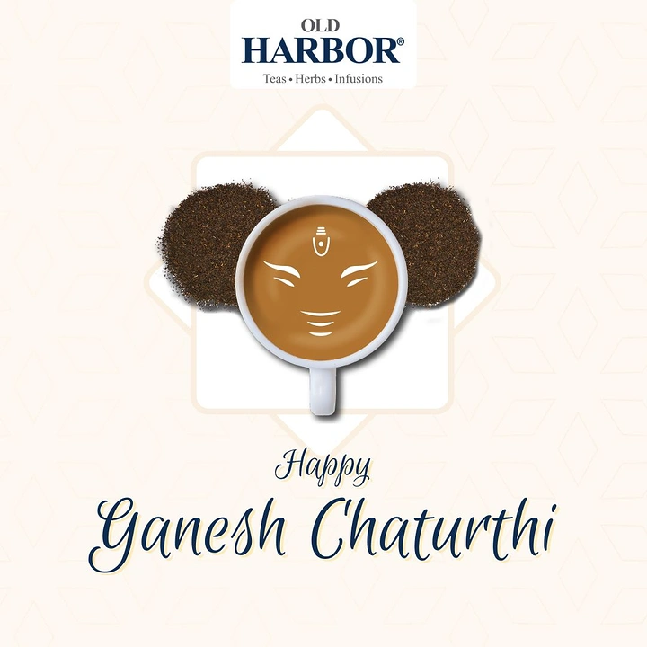 Ganesh Chaturthi creative ad: Top-down tea cup shaped as Ganesha's face with loose-leaf tea ears