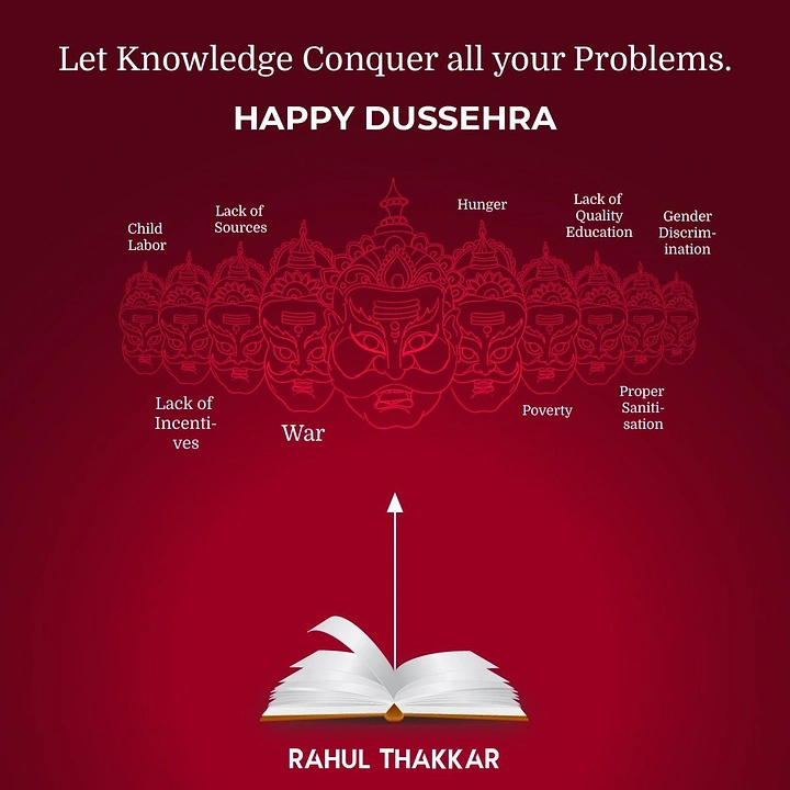 Dussehra creative ad: Ravana's ten heads in red line art with an arrow rising from an open book