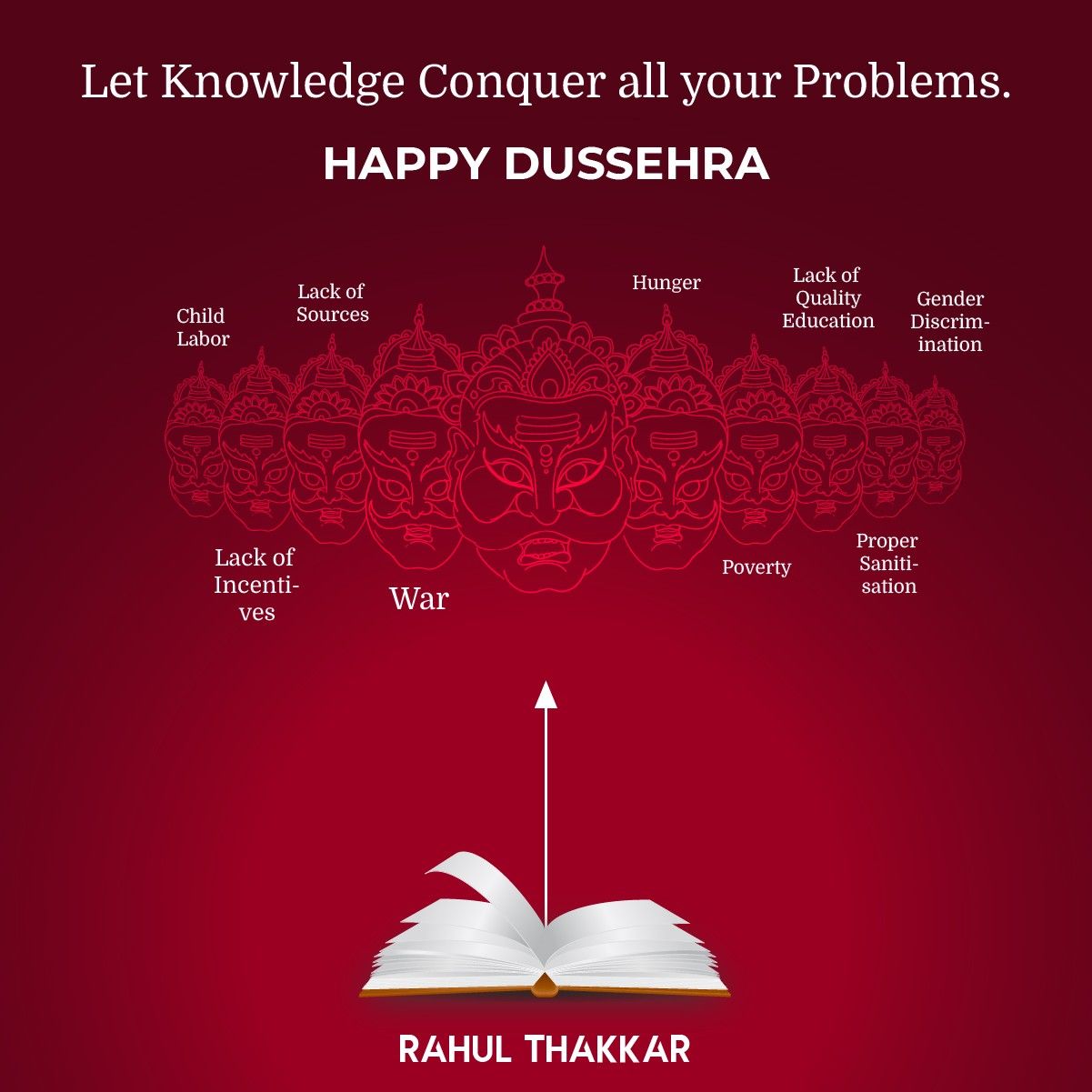 Ravana's ten heads in red line art with an arrow rising from an open book