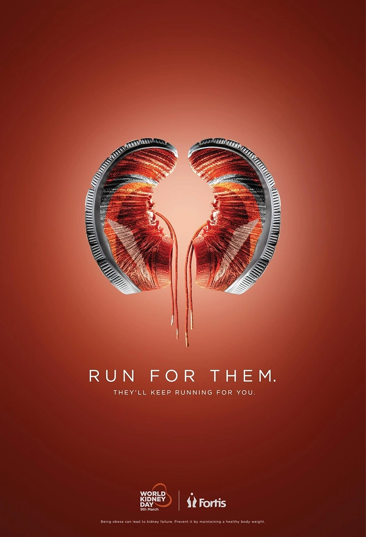 other-festival creative ad: Two knit running shoes curled to form a pair of kidneys
