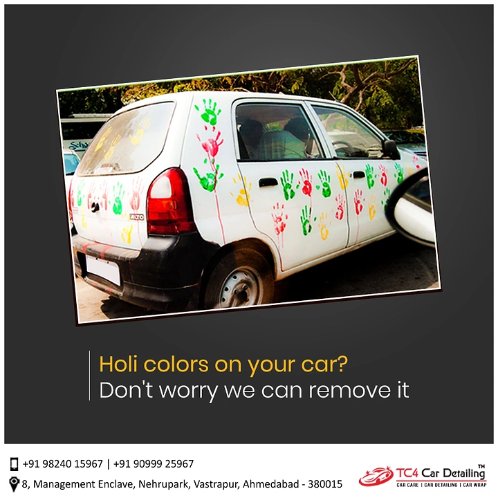Holi creative ad: Handprinted car: detailer removes Holi colours