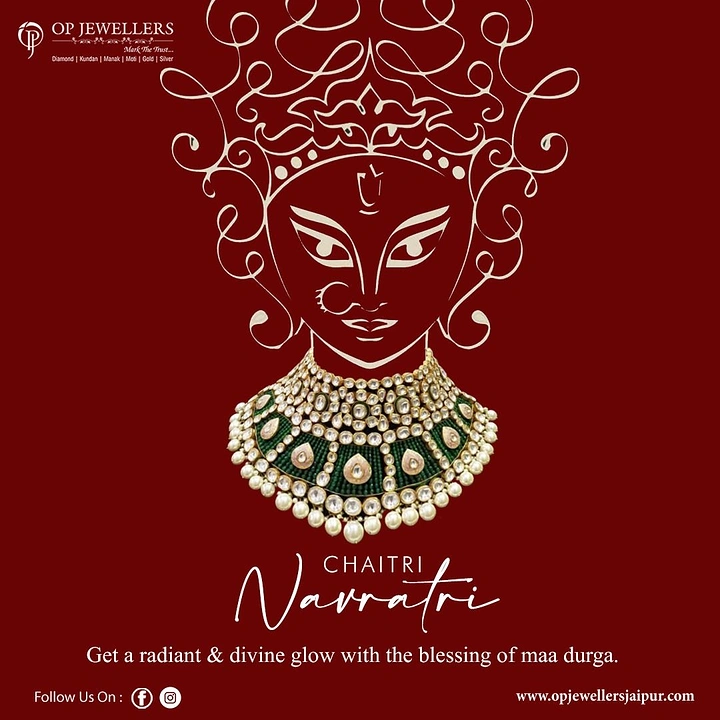 Navratri creative ad: Line-art Durga face wearing a real kundan-pearl choker