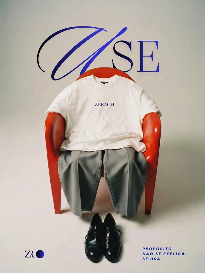 Streetwear creative ad: Outfit arranged on a red chair as if worn by an invisible person