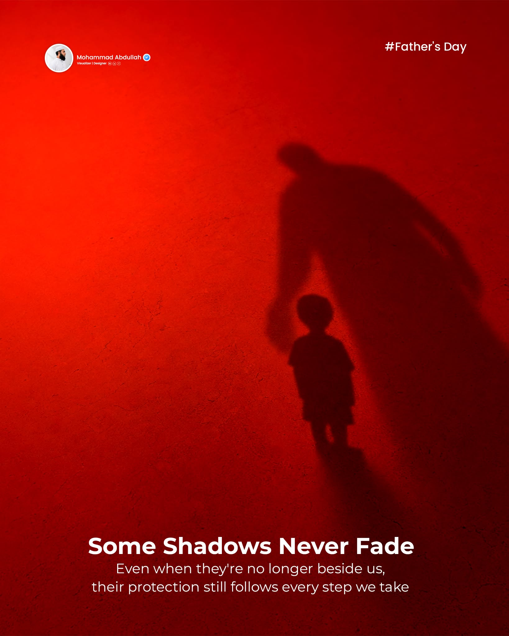 Shadows of a father and small child walking on a red textured surface