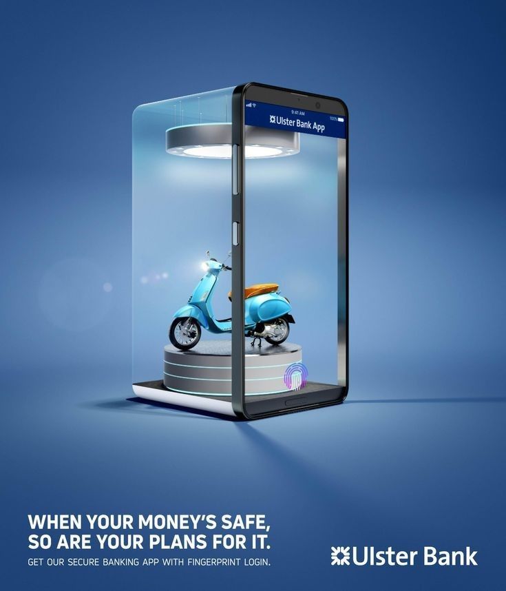 Scooter on a pedestal inside a phone-shaped glass display case