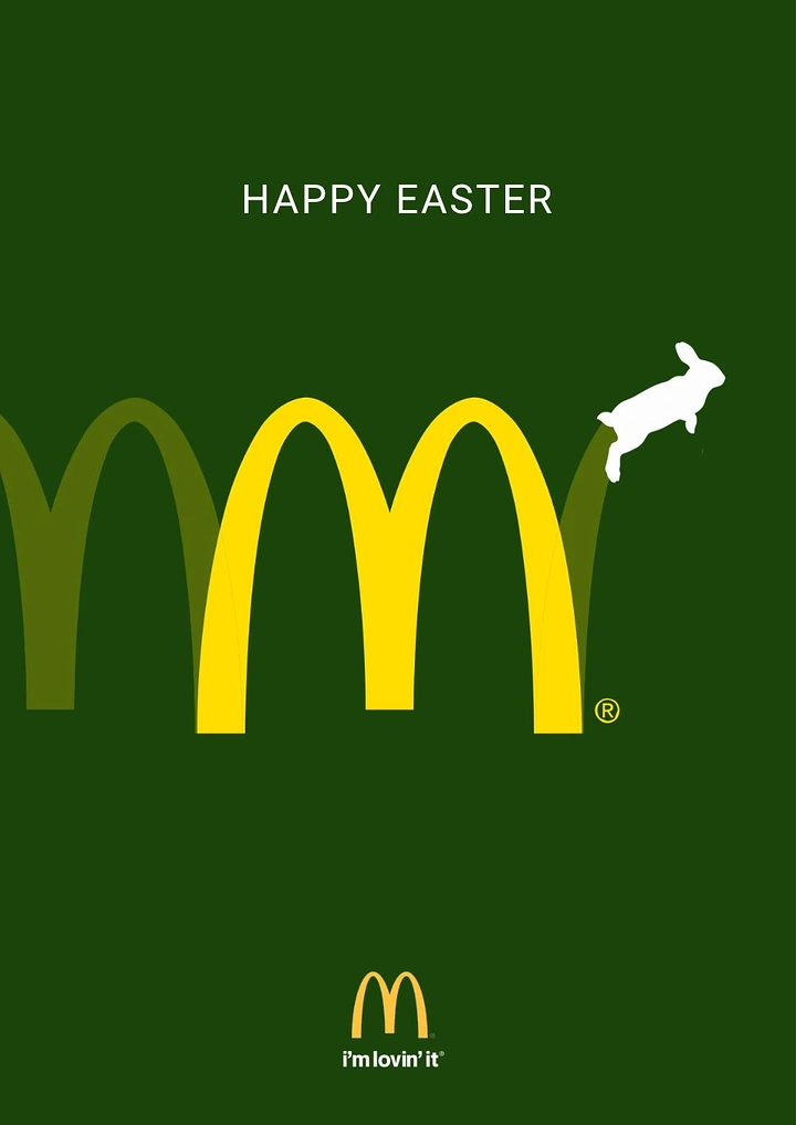Easter creative ad: Brand arches forming the hop path of a leaping white bunny