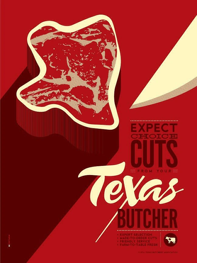 Meat & Seafood Shops creative ad: Texas identity fused with illustrated steak