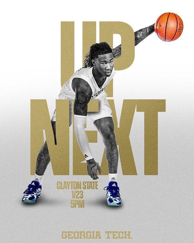 Creative ad: Black-and-white basketball player crouching while holding the ball aloft