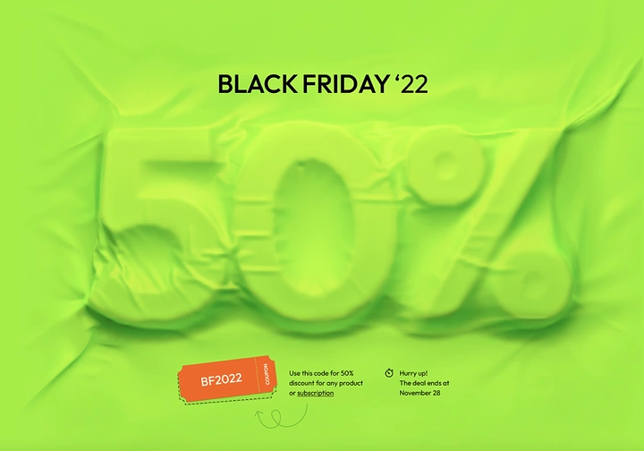 IT & Software creative ad: Giant 50% embossed under stretched lime-green fabric