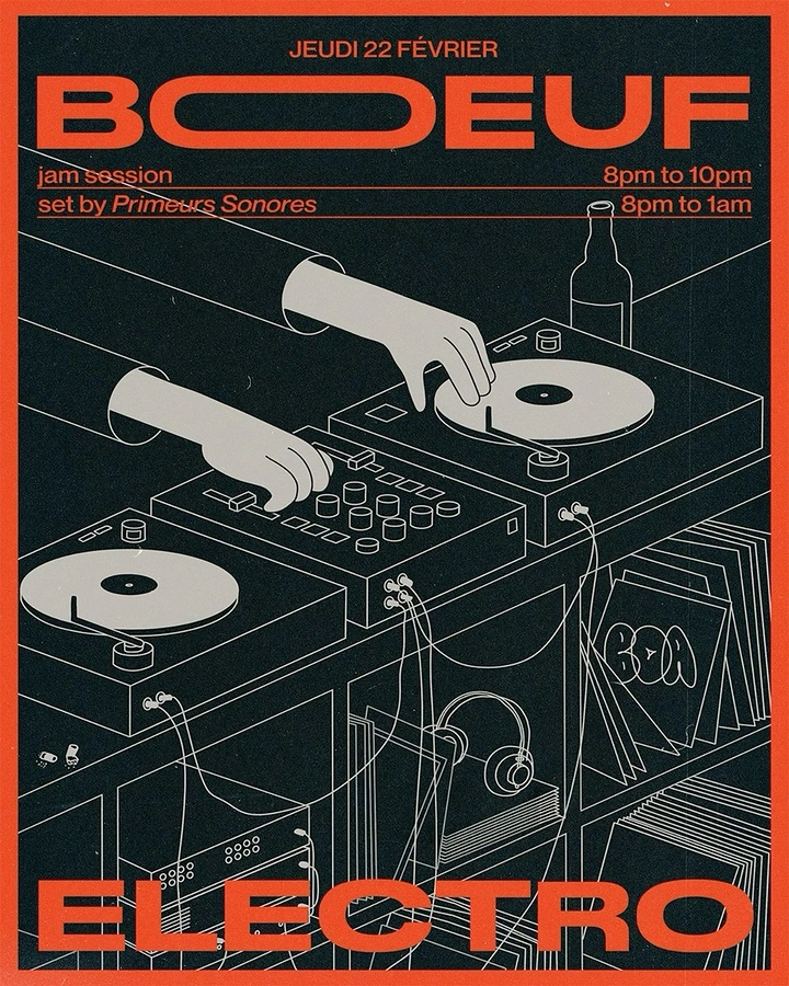 Creative ad: Isometric line illustration of DJ hands on turntables and mixer