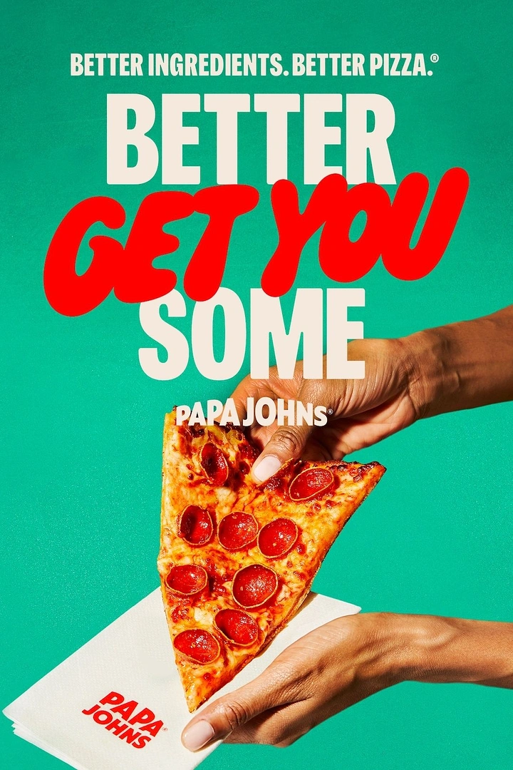 Creative ad: Hands holding a pepperoni pizza slice on a branded napkin