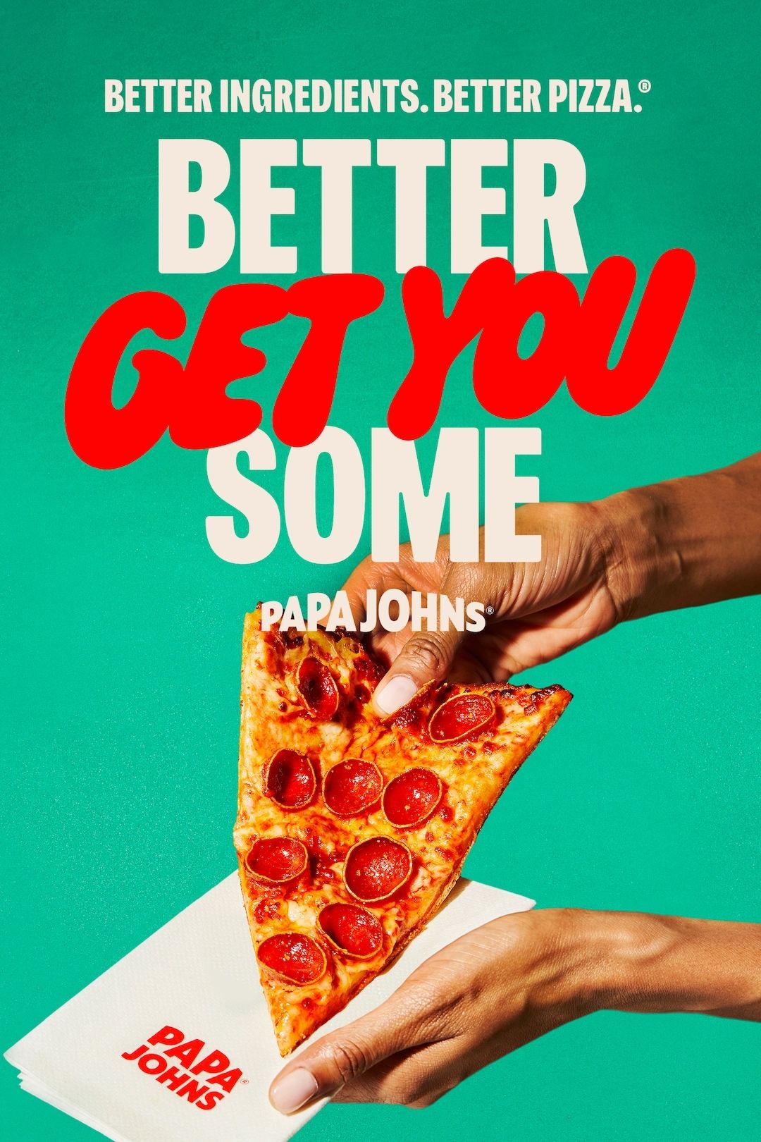 Poster: Hands holding a pepperoni pizza slice on a branded napkin