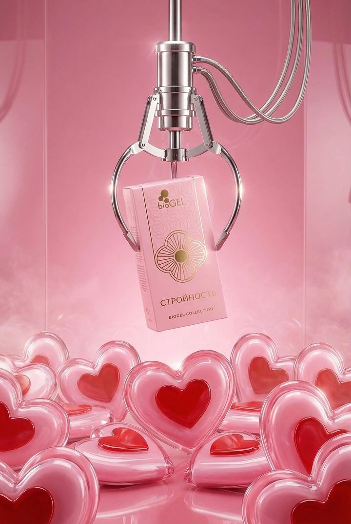 Valentine's Day creative ad: Chrome claw-machine grabber lifting a pink product box above a pile of glass hearts