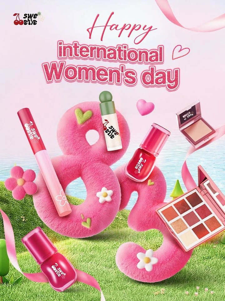 Women's Day creative ad: Fuzzy pink 3D figure 8 surrounded by floating makeup products