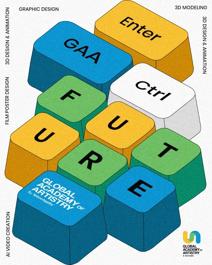 Computer Training Institutes creative ad: Oversized isometric keyboard keys spelling FUTURE