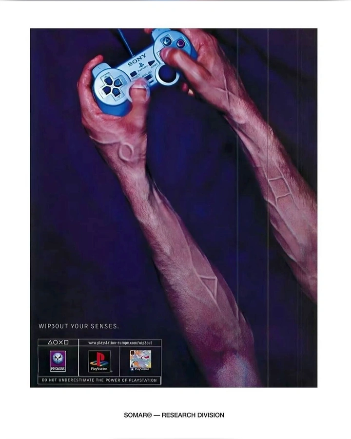 Gaming & Esports creative ad: PlayStation symbols as scarred veins