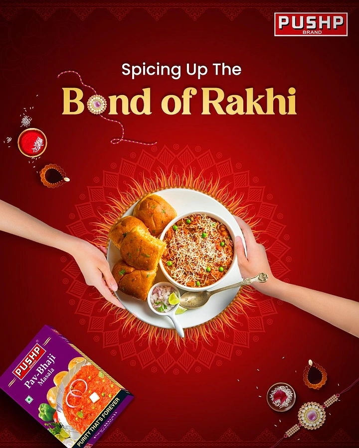 Raksha Bandhan creative ad: Two hands sharing a pav bhaji plate over a mandala