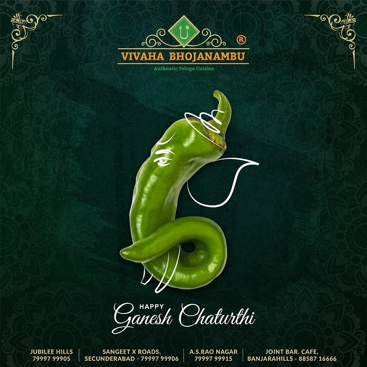 Ganesh Chaturthi creative ad: Curved green chilli forming Ganesha's trunk with line-art face