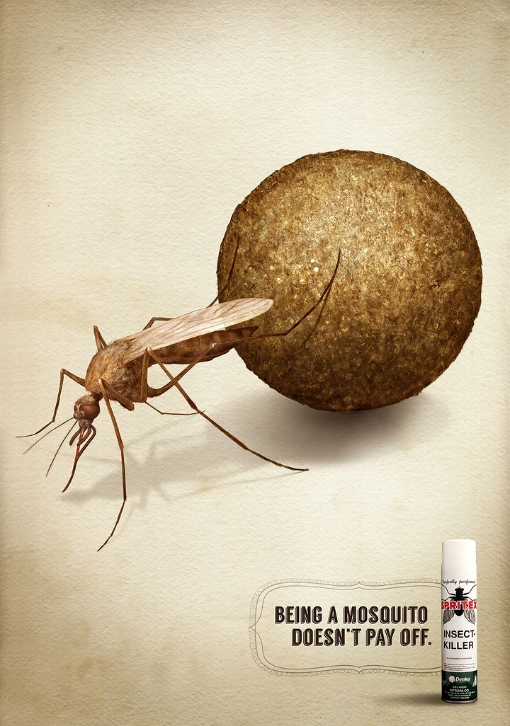 Pest Control creative ad: Mosquito rolling a dung ball like a dung beetle