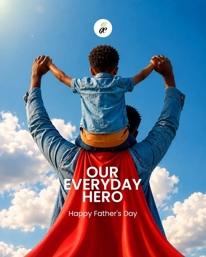 Father's Day creative ad: Father in red cape carrying child on shoulders, seen from behind