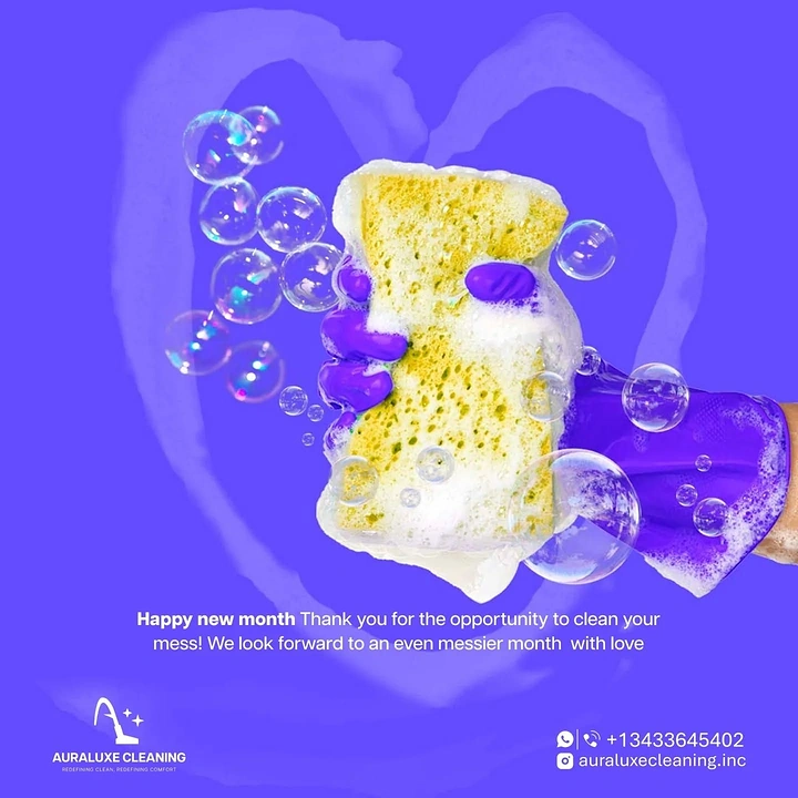 Cleaning Services creative ad: Sponge wiping a bubble heart onto purple