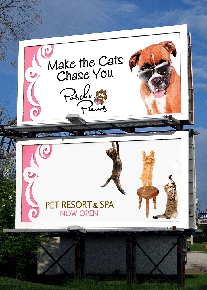 Pet Grooming creative ad: Witty billboard pair: cats chase cool dog