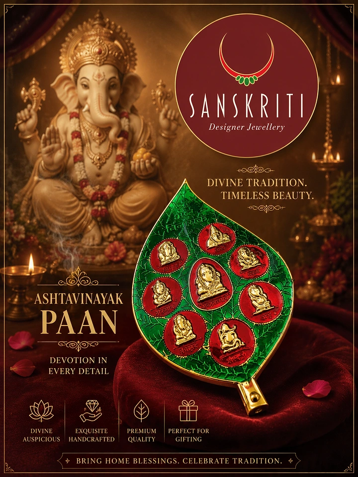 Ganesh Chaturthi creative ad: Green enamel betel-leaf plaque with eight gold Ganesha medallions on a velvet cushion