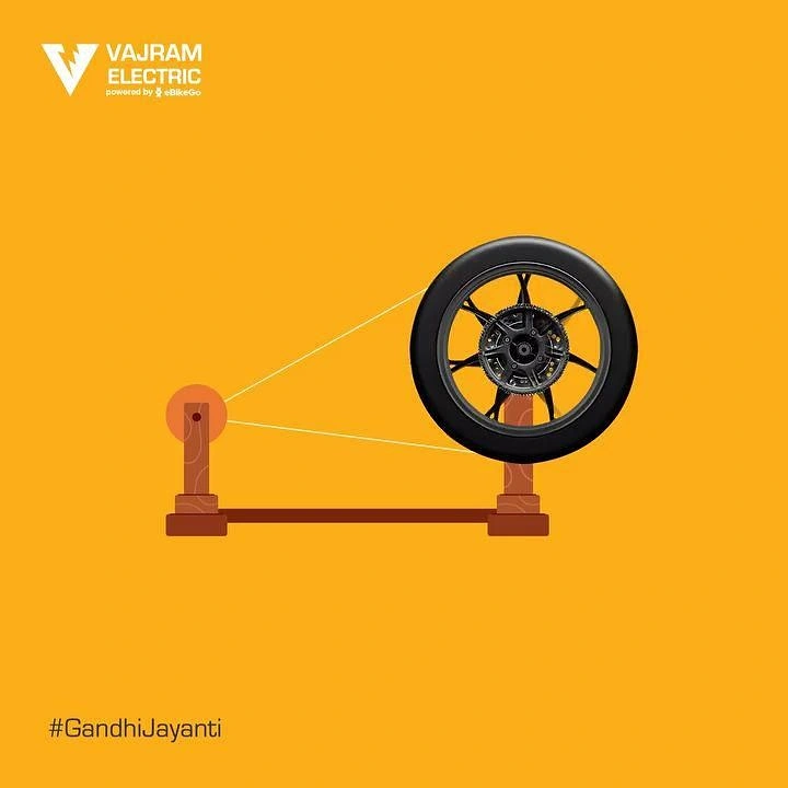 Gandhi Jayanti creative ad: Charkha spinning wheel with its wheel replaced by an e-bike tyre