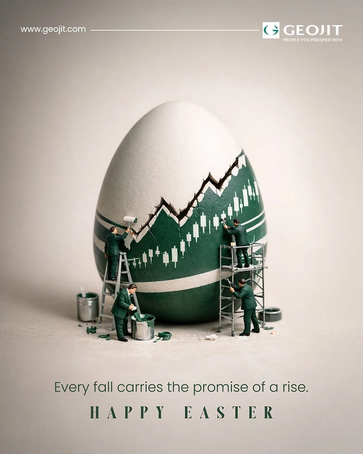 Easter creative ad: Miniature workers painting a candlestick chart on a cracked egg