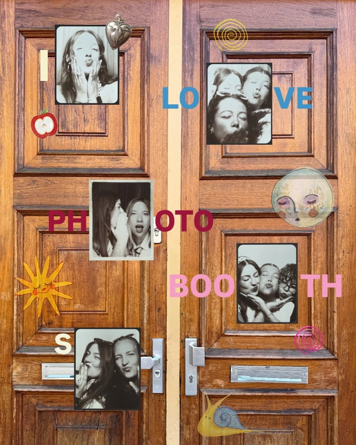 Valentine's Day creative ad: Black-and-white photobooth prints collaged on vintage wooden doors