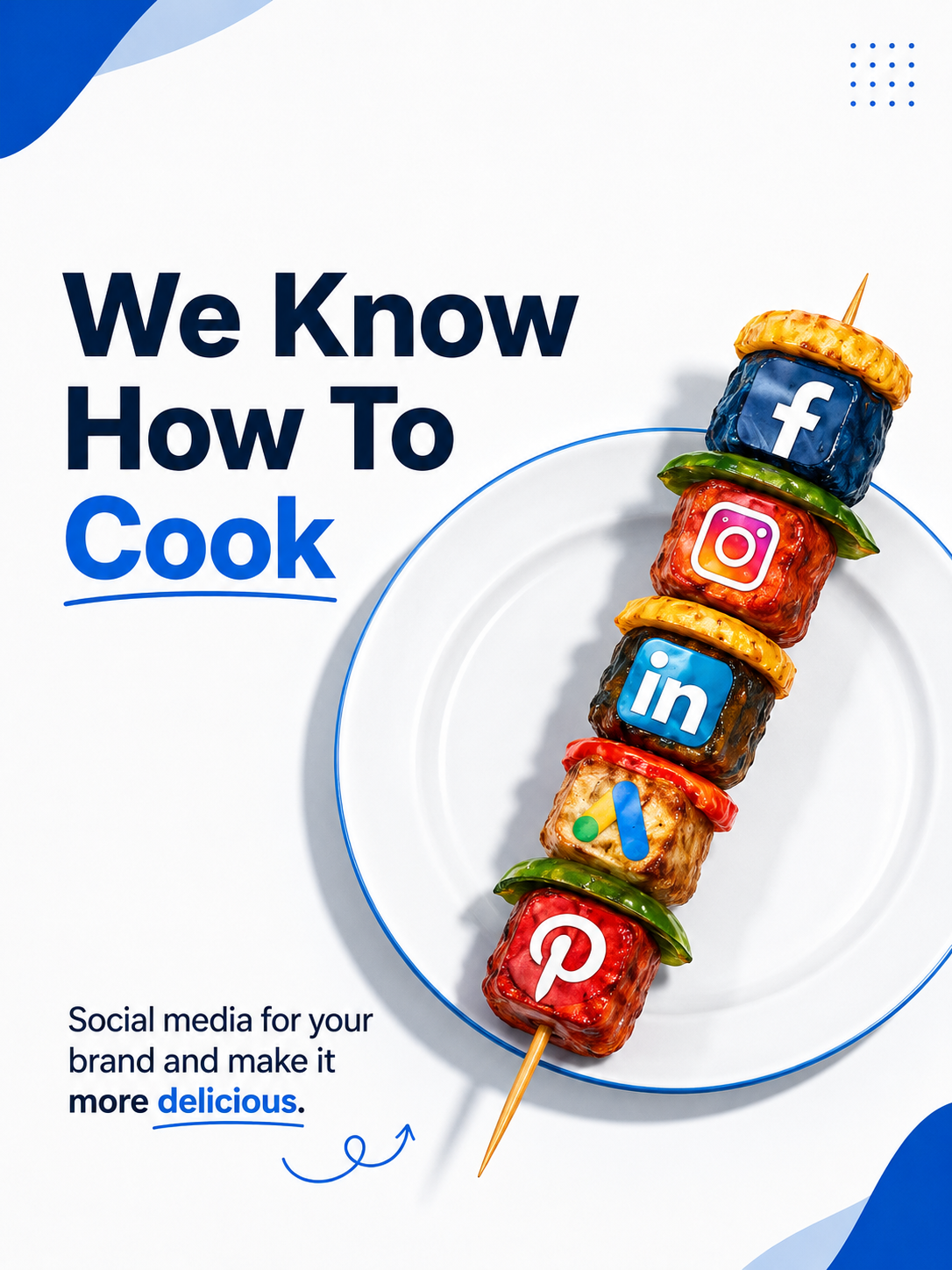 Grilled skewer with social media logo cubes on a plate