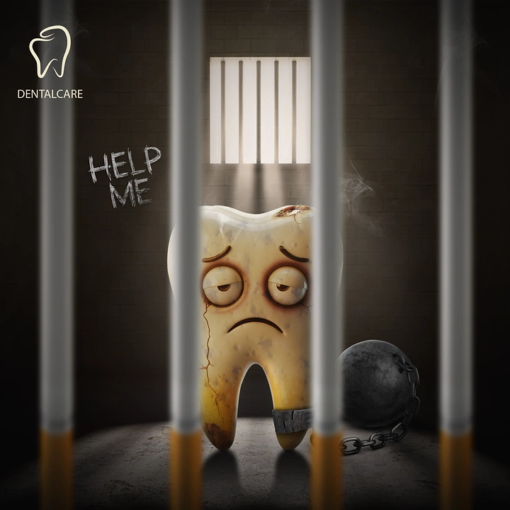 Dental creative ad: Decayed cartoon tooth imprisoned behind cigarette bars
