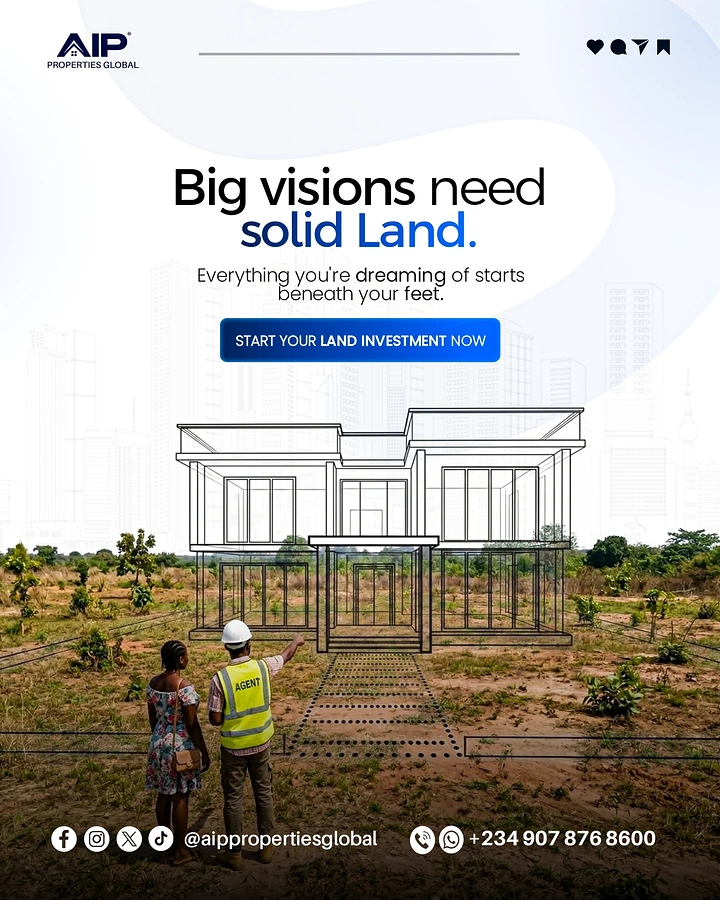 Stock Brokers & Investing creative ad: Agent and client on an empty plot looking at a line-drawn wireframe house