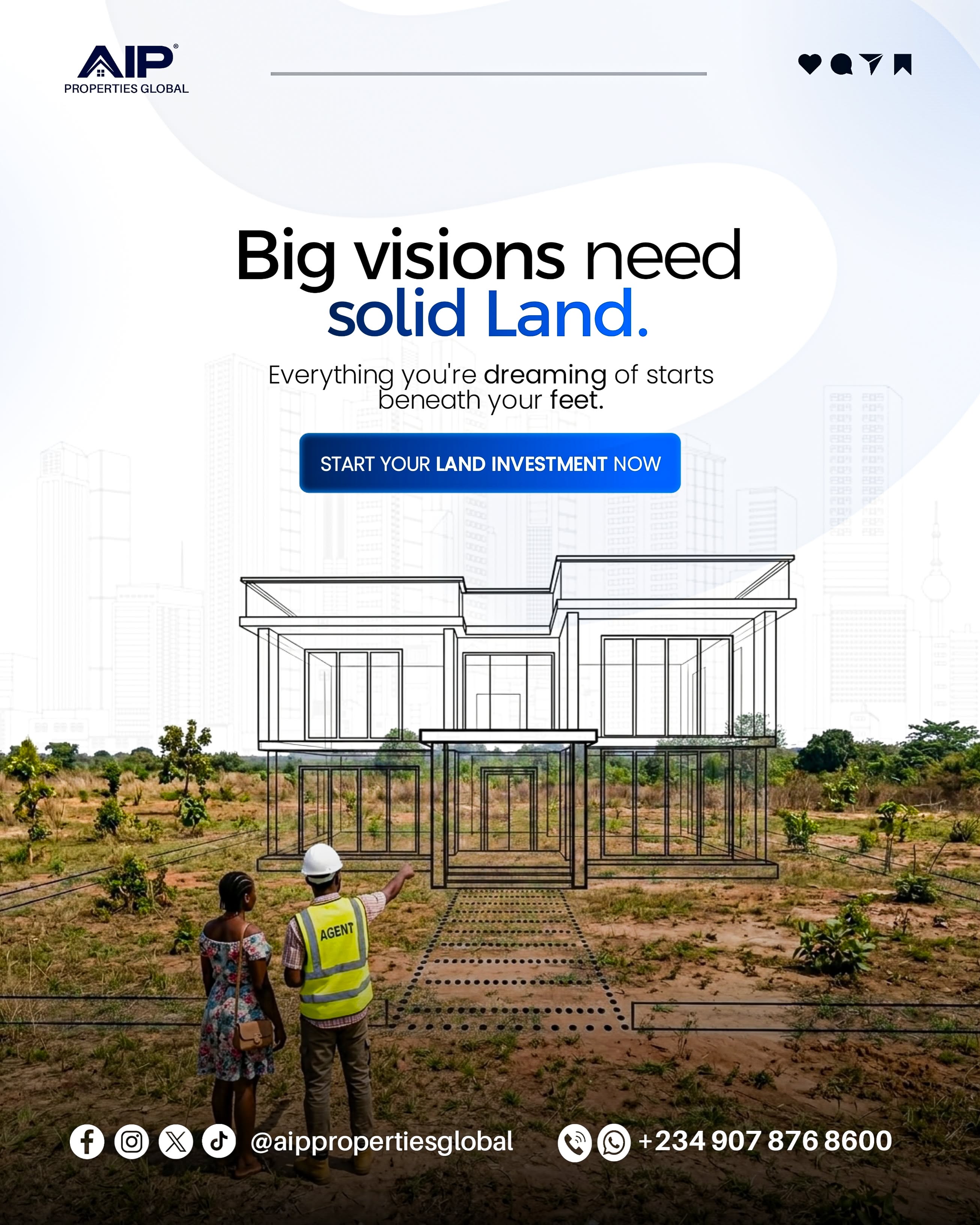 Instagram post: Agent and client on an empty plot looking at a line-drawn wireframe house