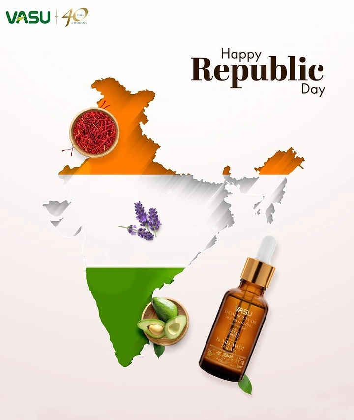 Republic Day creative ad: Tricolour India map with facial oil bottle and ingredients