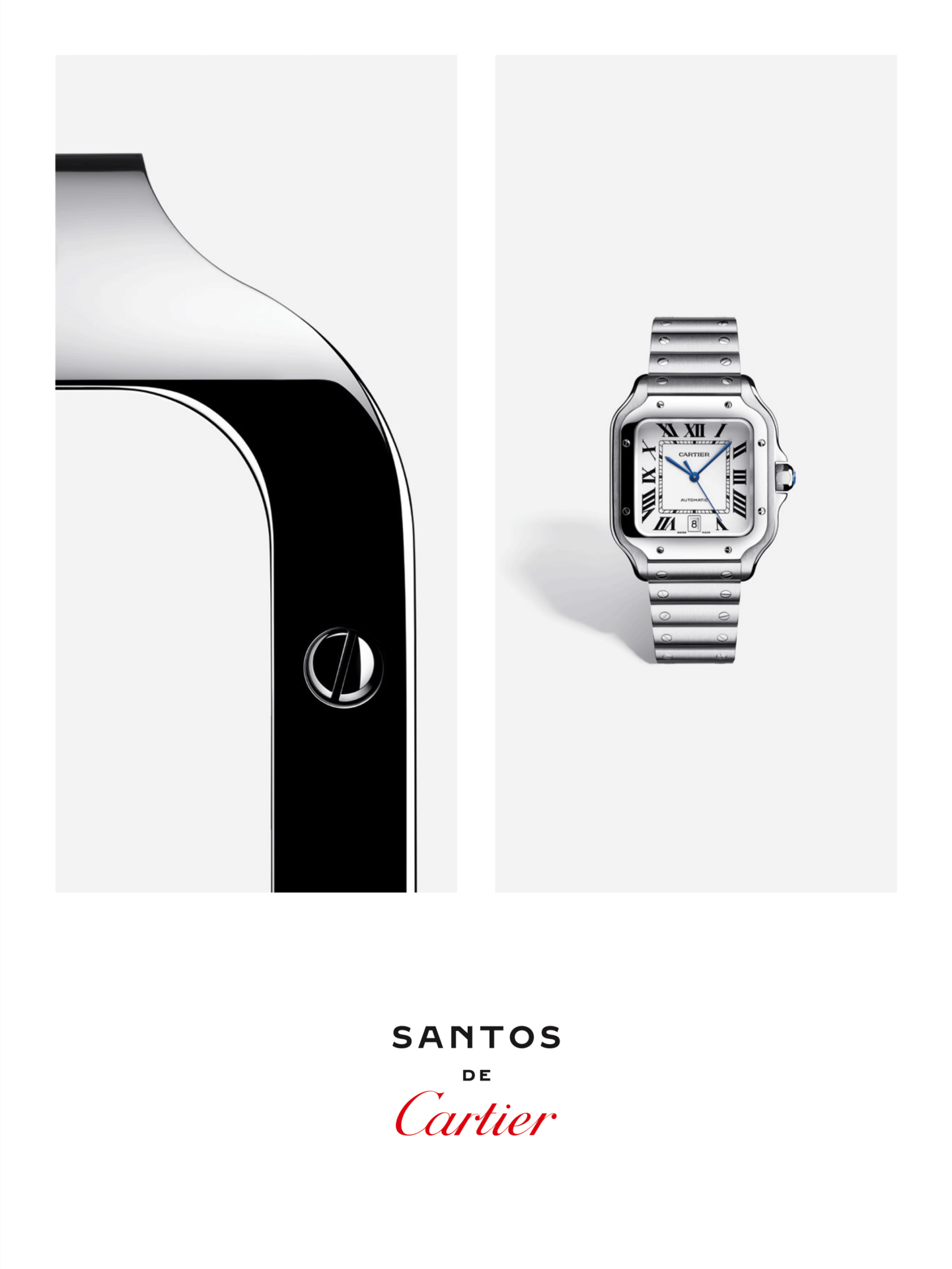 Poster: Macro crop of a steel square watch case beside the full watch