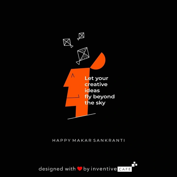 Makar Sankranti creative ad: Geometric orange head profile with kites flying out of its open top