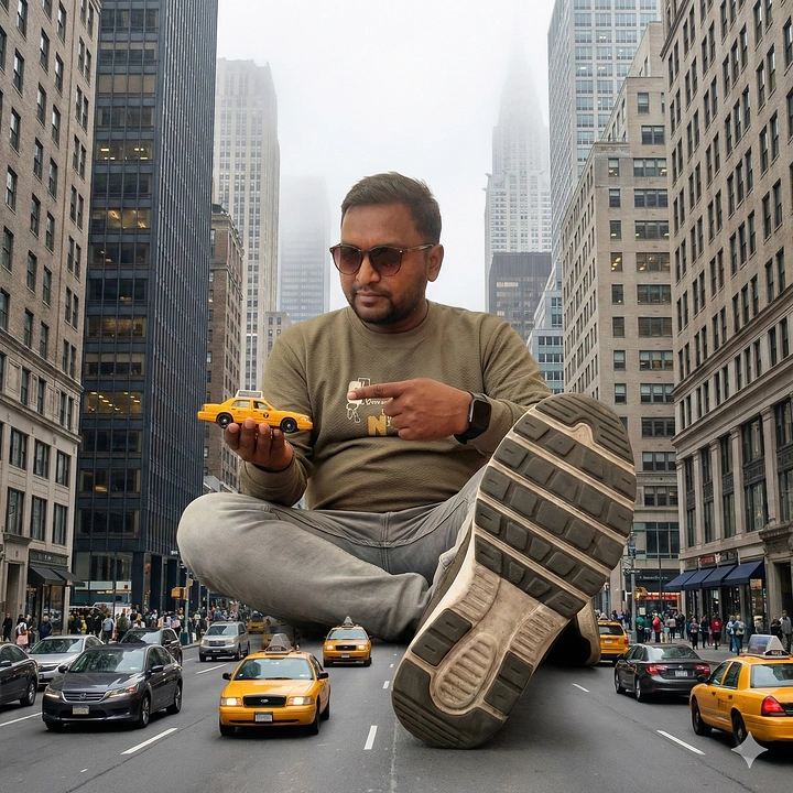 Taxi & Cab Services creative ad: Surreal giant passenger among taxis