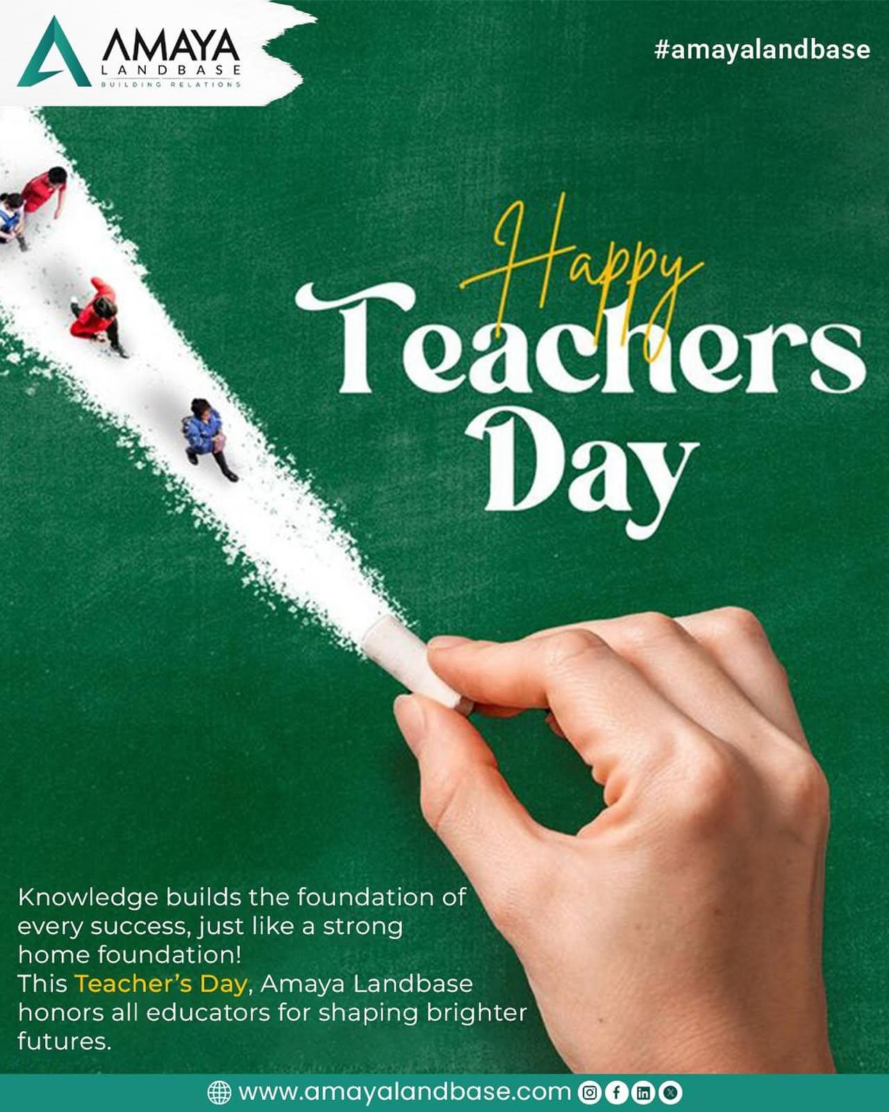 Hand drawing a chalk path on a green chalkboard with tiny students walking along it