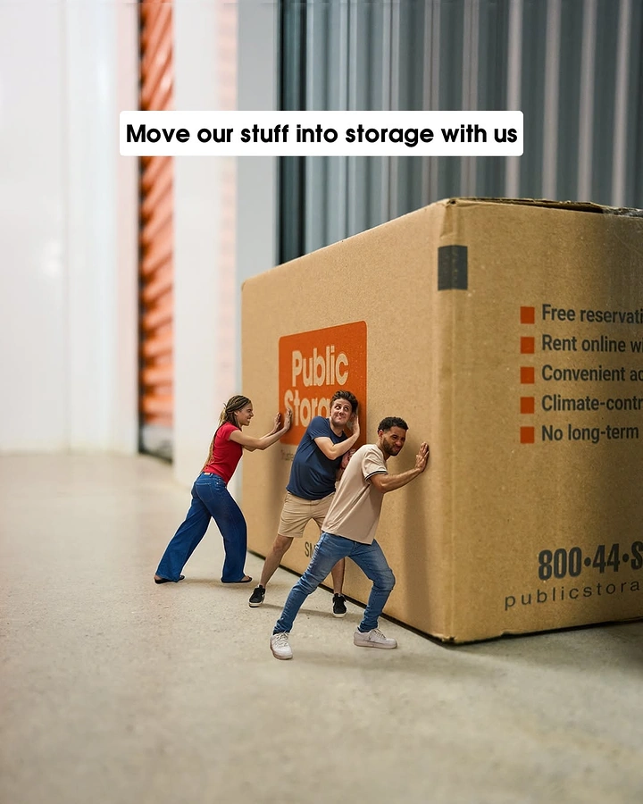 Movers & Packers creative ad: Oversized box pushed by people, scale idea