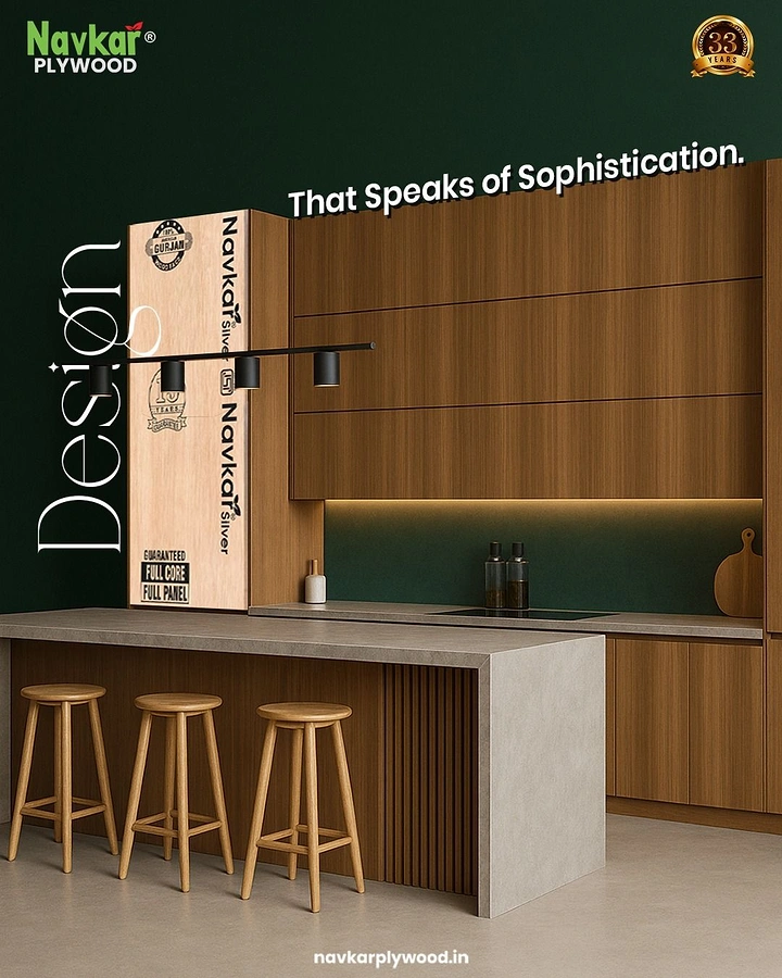 Modular Kitchens creative ad: Dark walnut kitchen interior with plywood product panel