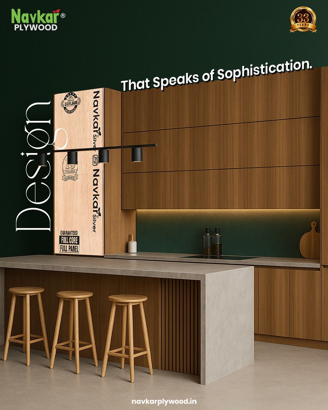 Poster: Dark walnut kitchen interior with plywood product panel