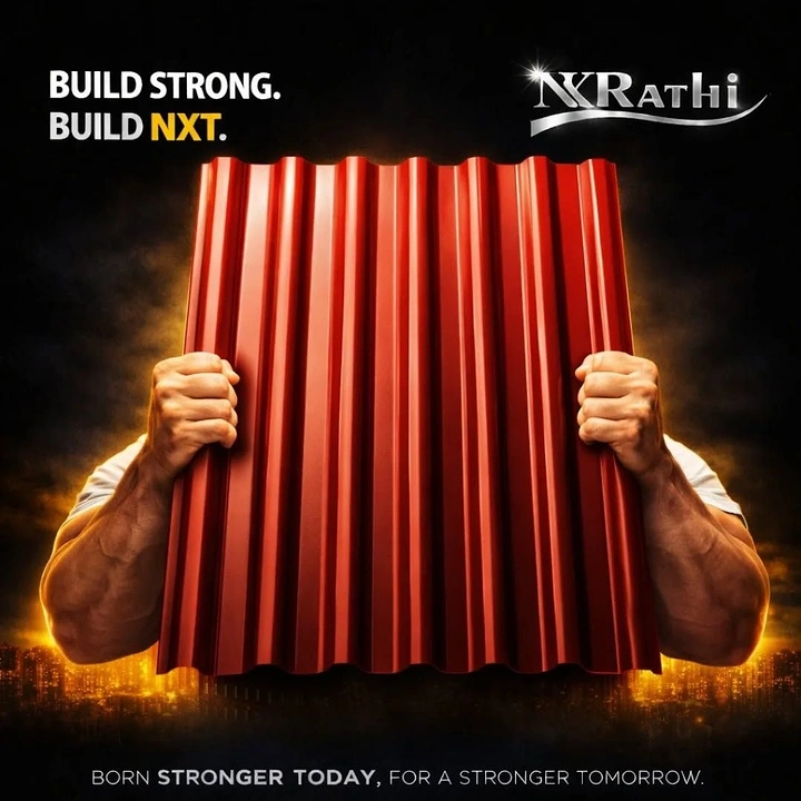 Roofing creative ad: Muscled hands bending roofing sheet, strength metaphor