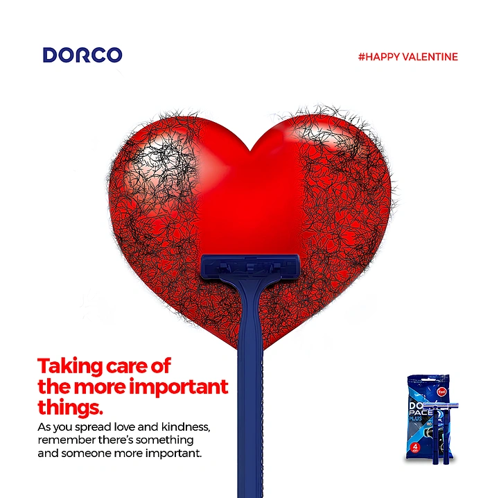 Valentine's Day creative ad: Hairy red heart with a razor shaving a clean stripe down its middle