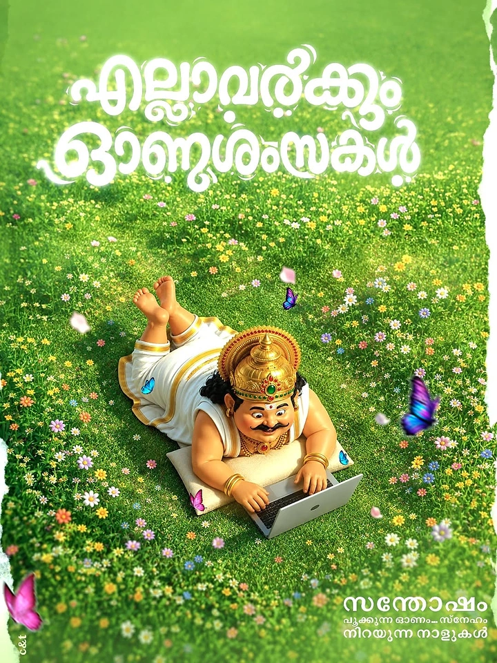 Onam creative ad: 3D King Mahabali lying on grass using a laptop