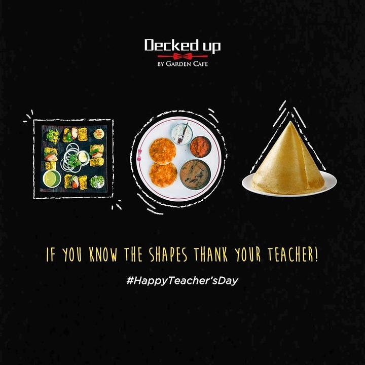 Teachers Day creative ad: Food dishes forming a square, a circle and a triangle