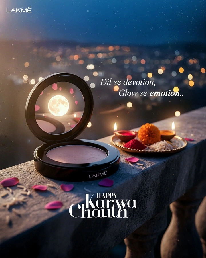 Karwa Chauth creative ad: Open compact powder reflecting the full moon on a balcony ledge