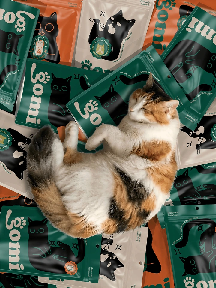 Creative ad: Calico cat sleeping curled on a pile of cat-food pouches